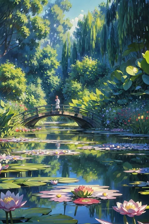 Imagine a detailed anime-style illustration of Claude Monets famous garden, with a character included. The scene features Monets lush garden with its iconic water lilies and tranquil pond, captured with vibrant colors and soft brushstrokes. A distant chara...