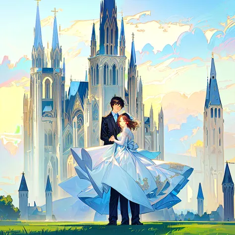 2 people standing in front of a large building, cathedral in the background, cathedral in the background, cathedral with towers, cathedral!!!!!, romantic couple pose, lovely couple, by a korean artist, shot with a canon 5d, romantic scene, cathedral backgr...