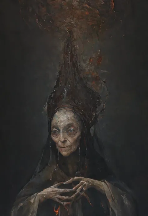 oil painting,Denis Forkas style,baroque,dark atmosphere,creepy,professional illustration,professional painting, Portrait of old deformed woman like she was a demon humanoid hell puppet, deformed creepy portrait from the deep abyss,snakes,intricate details,...