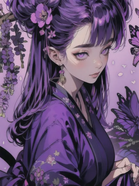 masterpiece, (purple kimono), seductive face, good lighting, décolleté, huge breasts, small details, masterpiece, glowing eyes, 1girl, purple  hair, gag, Kochou Shinobu, wisteria background, masterpiece, best quality, POV, whole body, wide hips,