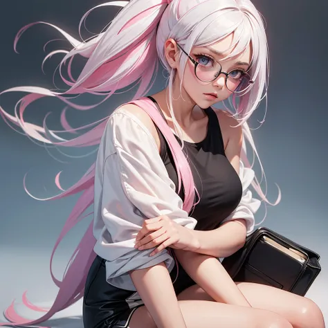 foreground, alone, beautiful white haired girl with pink highlights, She wears rectangular glasses and is dressed in a black tank top.