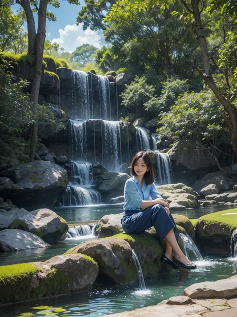 a beautiful Indonesian woman, a handsome man, leaning against a tree trunk in a park with synthetic grass, artificial waterfall like a fish pond, white and blue horizontal striped shirt, black culottes, smiling face, blue sky, thin clouds, full hd, photogr...