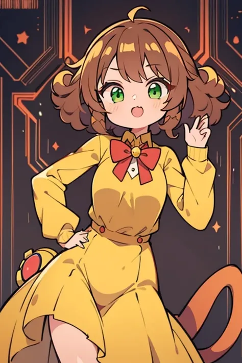 human girl, Brown-curly-hair, green eyes, wearing a yellow dress with longs sleeves and red bowtie. (Cyborgs), (mechanical tail), :) (anime) (nude)