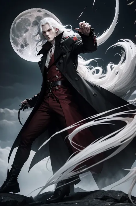 vampire man red eyes half wavy white hair black trench coat long sharp claws showing fangs full body full moon yellow color long sword black color damaged clothing family seal from head to toe combat pose fog around 4k torn worn trench coat