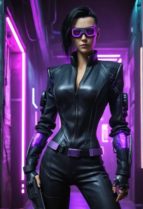 ((top-quality)), ((Best Retail)), (high level of detail: 1.3), ....3d, dark hair woman,Beautiful I did (cyberpunk:1.3) homem, wearing black suit with violet accents hacker, spy,Long medium rise,(Medium plan)