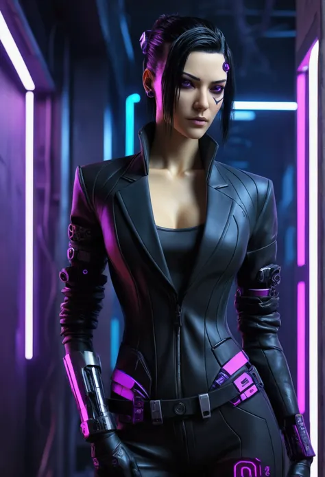 ((top-quality)), ((Best Retail)), (high level of detail: 1.3), ....3d, dark hair woman,Beautiful I did (cyberpunk:1.3) homem, wearing black suit with violet accents hacker, spy,Long medium rise,(Medium plan)