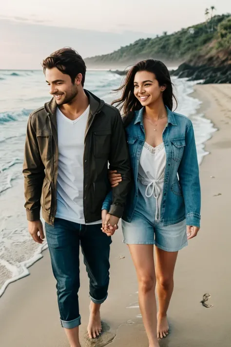 A romantic couple walking hand in hand in a beach