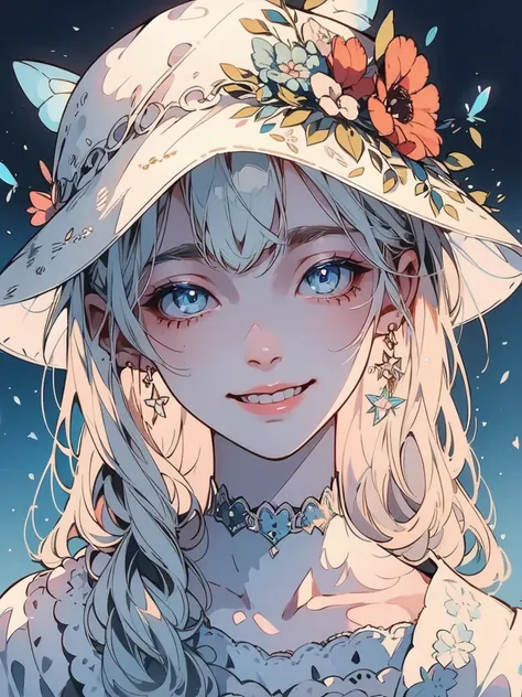 , 8k, sunny day, floral, happy, smiling, beautiful hat, ((light blue eyes)) embroidery, enchanted, fireflies, , white-dress, day, beautiful aesthetic dress, sweet looking, midjourney, close-up, niji, 1,