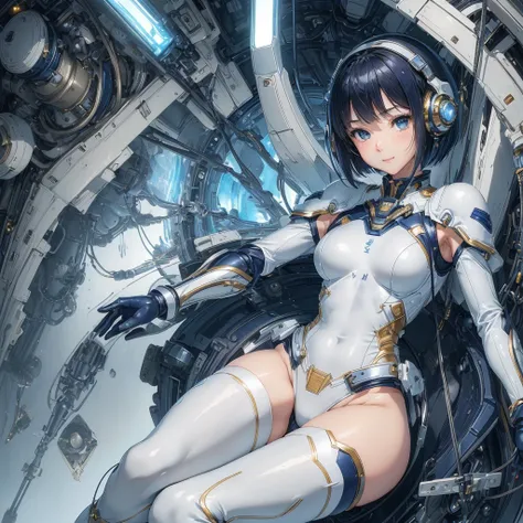 (masterpiece、Highest quality、Highest Resolution、Clear_image、Detailed details): (Whole body、One 20 year old girl、Japanese Faces、Small Face、Slender、Navy blue super short bob cut hair、(Hidden small breasts:1.3)、Sparkling blue eyes、Shiny pilot suit in white, b...