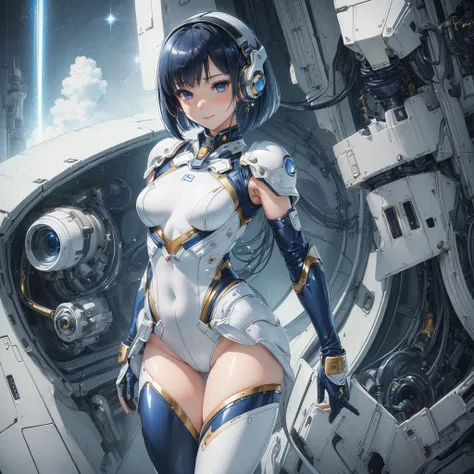 (masterpiece、Highest quality、Highest Resolution、Clear_image、Detailed details): (Whole body、One 20 year old girl、Japanese Faces、Small Face、Slender、Navy blue super short bob cut hair、(Hidden small breasts:1.3)、Sparkling blue eyes、Shiny pilot suit in white, b...