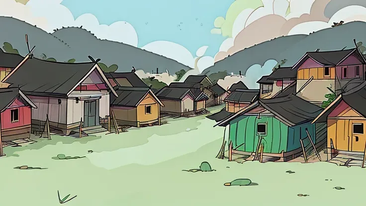 Top quality，cartoon style, drawing with black lines and colored, Vietnam village at 1960, poor village with Vietnamese cabins