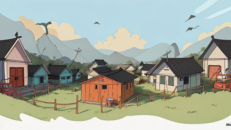 Top quality，cartoon style, drawing with black lines and colored, Vietnam village at 1960, poor village with Vietnamese cabins