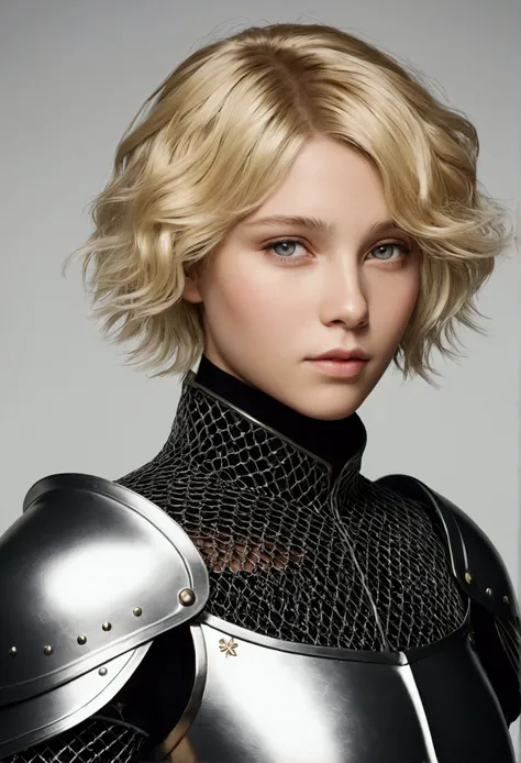 a knight，a blond，Blonde Hair Mesh，shorth hair，Bery short hair，Yankee，be shy，years old，assets, black armour, glowing white eyes