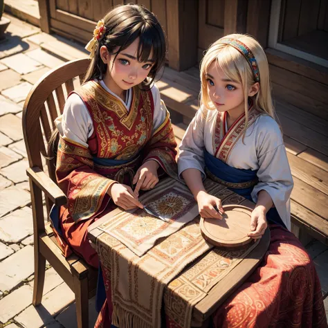 1girl,a young girl, 13 years old, sun-kissed skin, wearing a vibrant traditional ethnic costume with intricate embroidery, sitting on an old wooden chair, smiling, (best quality,4k,8k,highres,masterpiece:1.2),ultra-detailed,(realistic,photorealistic,photo-...