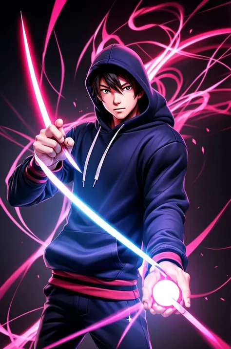 Draw A Boy Anime Character With A Blade As One Of His Hands And Also make Him Hold A Red Aura Ball Put Him In A Hoodie That Says NRG