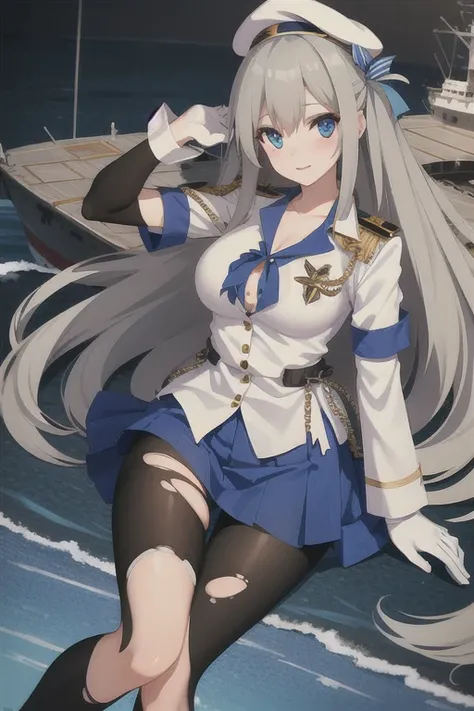 lexington (warship girls r),((Best quality))),((Ultra-detailed)),((illustration)),((Disheveled hair)),((frilld)),(1 girl),(Solo), 1girl, blue eyes, damaged, hat, long hair, pantyhose, solo, torn clothes, torn gloves, torn legwear, torn shirt, torn skirt, v...