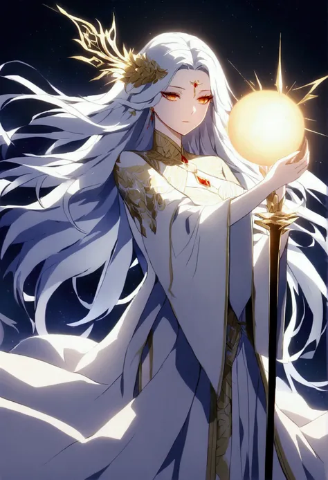 A majestic and ethereal female figure standing in a celestial realm, embodying the essence of a False God. She exudes an aura of deceptive beauty and overwhelming power. Her appearance is divine yet subtly unsettling, with an alluring elegance that hides h...