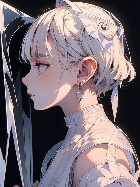 Highest quality,The perfect masterpiece,Perfect artwork,Official Works,8K,, (Upper Body Portrait:1.3),((Seen from the side:1.5)),close-up lens,Delicate face,, 17 years old,White-haired girl,(hakuhatsu:1.5),short and medium hair,((White transparent eyes:1.5...