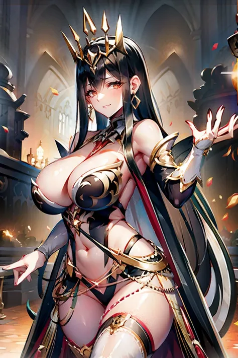 tiara, dress, showgirl skirt, long hair, black hair, red eyes, hair between eyes, cleavage, large breasts, bare thighs, bare shoulder, thighighs, panties, navel, sleeveless, midriff,