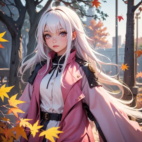 foreground, alone, beautiful girl with white hair with pink highlights and is dressed with autumn clothes