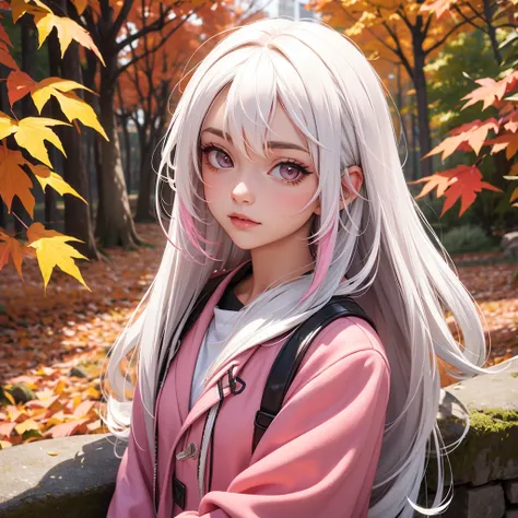 foreground, alone, beautiful girl with white hair with pink highlights and is dressed with autumn clothes