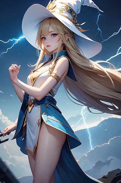 1 girl, trap, Blonde Hair, One-side long braid, blue eyes, flat chest, A short person, White robe, ,(Witch Hat）， （18 years old），Bare legs, thunder电，lightning，electrical arcs，Discharge of，thunder电球，magic，thunder，thunder环，thundermagic，thunder鸣握金杖, Ancient ba...