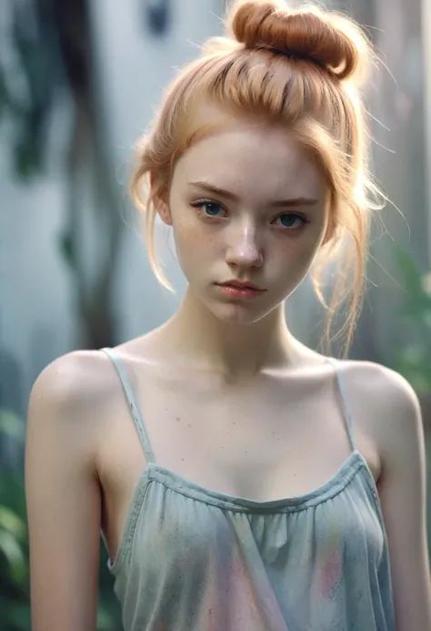 (Cinematic photo: 1.3) From (really: 1.3), (comfortable: 1.3) Beautiful 18 year old girl, (difficult messy bun of light ginger hair), высокодеталFromированная текстура кожи, skinny shoulders, realistic texture кожи, looks straight into the camera, (looks a...