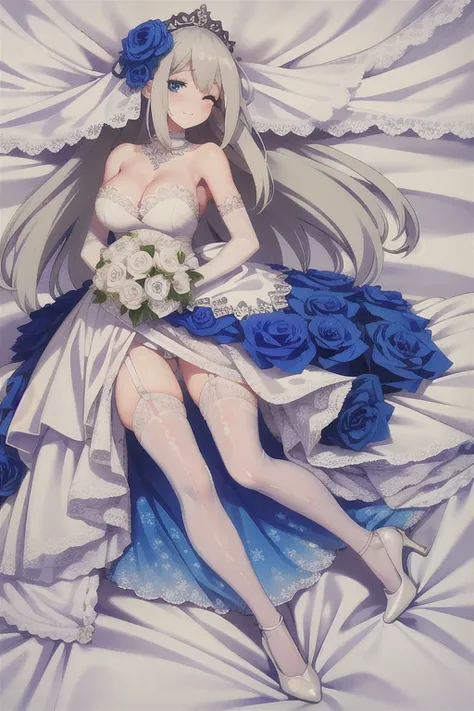 lexington (warship girls r),((Best quality))),((Ultra-detailed)),((illustration)),((Disheveled hair)),((frilld)),(1 girl),(Solo), 1girl, blue eyes, blue flower, blue rose, bouquet, breasts, bridal veil, cleavage, dress, flower, garter straps, gloves, high ...