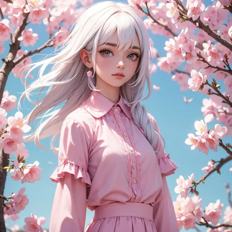 foreground, alone, beautiful girl with white hair with pink highlights and is dressed with spring clothes