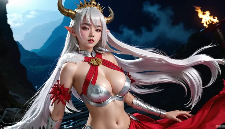 high quality,HD,16K,Sharp Line,1 Girl,fantasy, （Fire Spirits）,Pretty Face, Large Breasts, Beautiful legs,In the mountains,Focus Girl,detailed Pretty Face,Detailed clothes,beautiful eyes,Cool,Sexy,Dynamic Angle,穿着华服的神明Strike a pose拍照, Ancient mysterious sex...