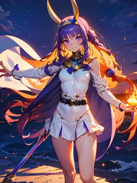 Nitocris,Nitocris(Fate), 1 girl, Wearing a white school swimsuit,　Highest quality,((Highest quality)),((Tabletop)),((Perfect Face)),1 girl.White and purple dress,White jacket,With a cane,armsを持っている,The flames flicker,Blonde,Purple eyes,smile,beauty,((Holog...