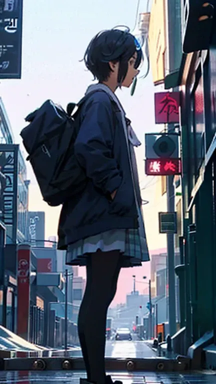 one girl,low angle shot,(from below:1.3),standing,outdoors, fashionable street