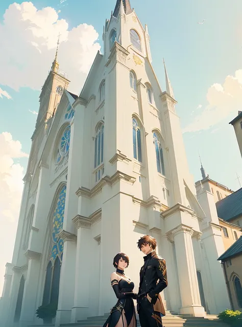 A man and a woman standing in front of the church, guweiz and Shinkai Makoto, ross tran and Shinkai Makoto, guweiz style artwork, in style of Shinkai Makoto, sakimichan and Shinkai Makoto, ( ( Shinkai Makoto ) ), author：Shinkai Makoto