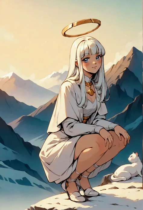 (score_9, score_8_up, score_7_up), zPDXL, 1 girl, alone, looking at viewer, crouching, hands on knees, white cat, mountain background, white hair, blue eyes, full body, long hair, white dress, bright white hair, white halo of light, halo, metallic pendant,...