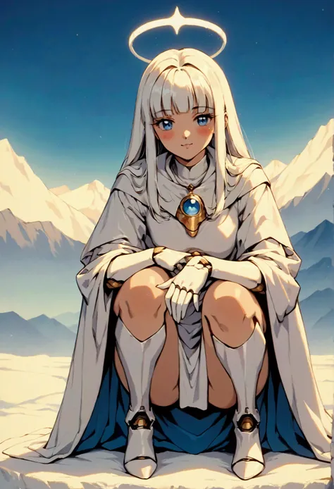 (score_9, score_8_up, score_7_up), zPDXL, 1 girl, alone, looking at viewer, crouching, hands on knees, white cat, mountain background, white hair, blue eyes, full body, long hair, white dress, bright white hair, white halo of light, halo, metallic pendant,...