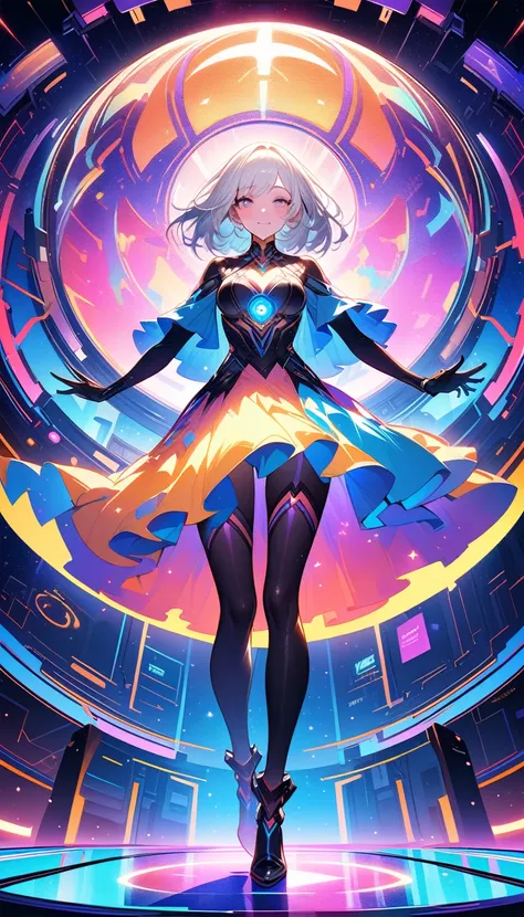 ((best quality)) , ((masterpiece)) , (detailed)，A full body illustration of an American female character in the style of Hearthstone card art, dancing on a disco dancefloor with a big glittering mirror ball overhead. She wears purple and gold  and has whit...