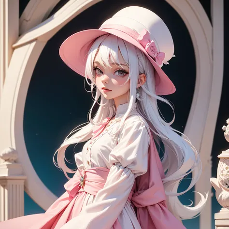 foreground, alone, beautiful girl with White hair and pink locks, dressed In a white dress, a pretty hat on her head