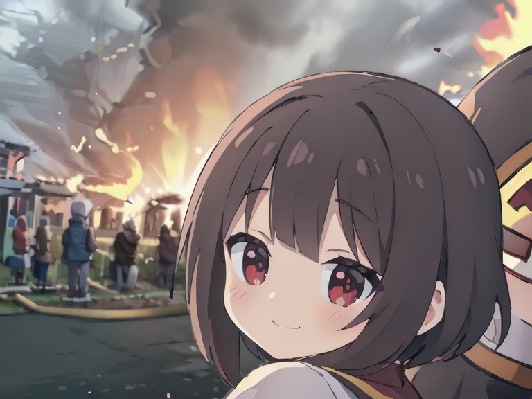 ((masterpiece)), (best quality, highres), 1girl, from behind, looking at viewer, explosion, incrsdisastergirlmeme, fire, smile, ...