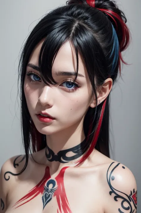 Woman, adult, black hair with white and red highlights short messy, blue colored eyes, アニメ, with a tattoo on his neck