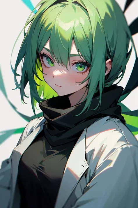 1 girl, green hair, green eyes, black scarf, white jacket, black t-shirt
