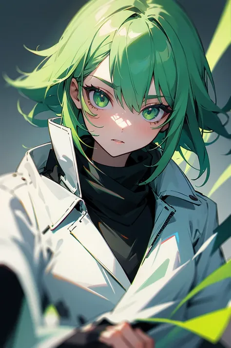 1 girl, green hair, green eyes, black scarf, white jacket, black t-shirt
