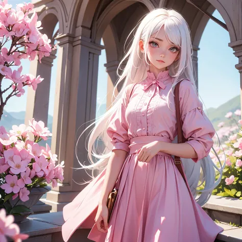 foreground, alone, beautiful girl with White hair and pink locks, dressed In a spring clothes 