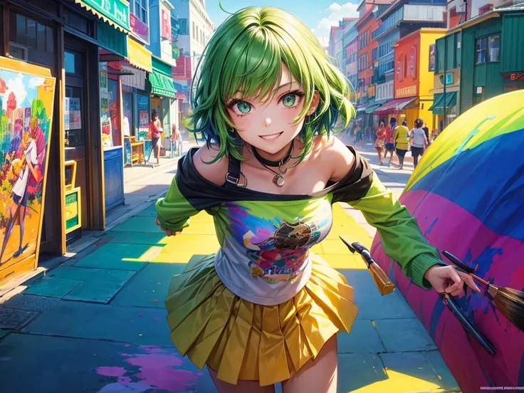 1 female, short green hair, teenager female, smile facial, An artist, colorful background city, Stunning light from distant brightens the scene, paintbrush, colorful clothes, Casts a deep shadow on the clothes, close up, masterpiece