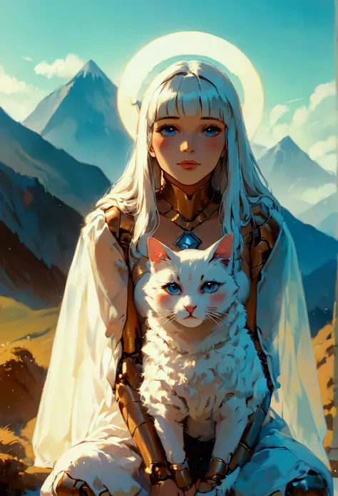 (score_9, score_8_up, score_7_up), zpdxl, 1 girl, alone, looking at viewer, crouching, hands on knees, white cat, mountain backg...