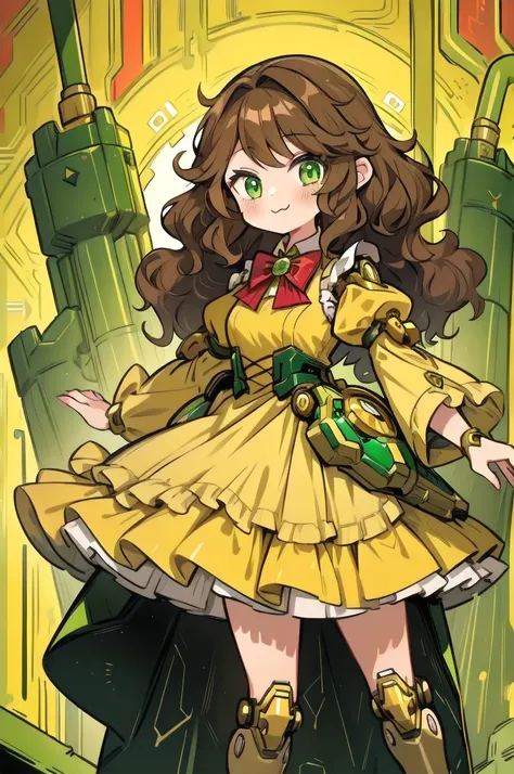 girl, Brown-curly-hair, green eyes, wearing a yellow metallic-dress with longs sleeves and red bowtie. (Cyborg), :3.