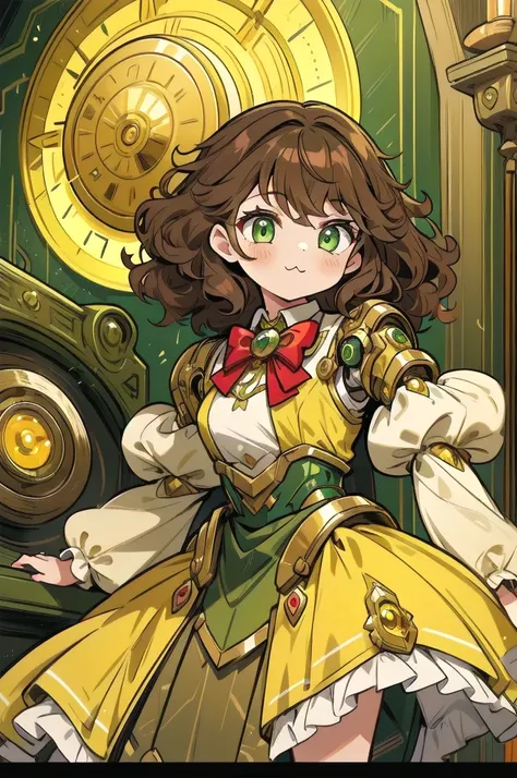 girl, Brown-curly-hair, green eyes, wearing a yellow metallic-dress with longs sleeves and red bowtie. (Cyborg), :3.