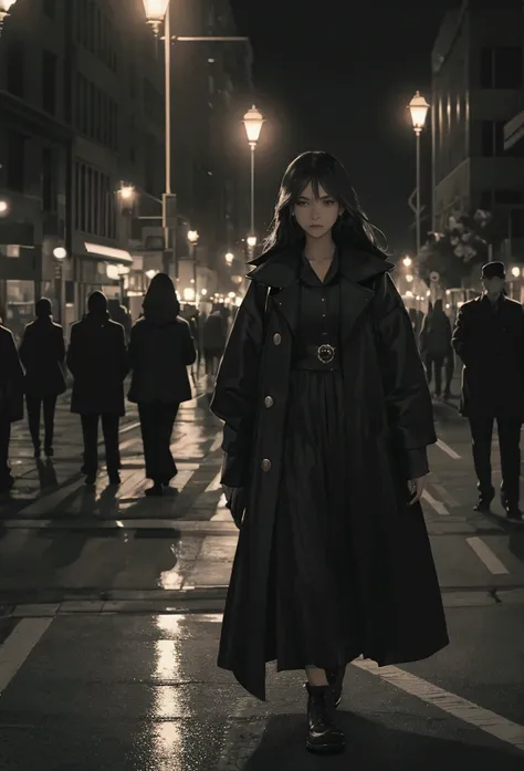 A beautiful girl walking alone at night, street lamps, traffic, crowds, cinematic lighting, moody atmosphere