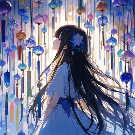 1girl, 独奏, 17yo, cute, pretty, beautiful, black long straight hair, arranged bangs, White dress, Colorful glass wind chime, smiling, look up,masterpiece, best quality, super-fine illustration, official art, 8k,