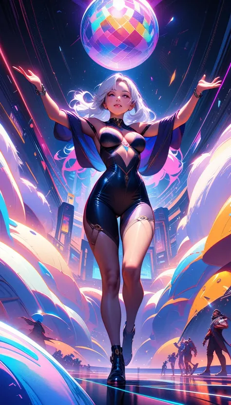 ((best quality)) , ((masterpiece)) , (detailed)，A full body illustration of an American female character in the style of Hearthstone card art, dancing on a disco dancefloor with a big glittering mirror ball overhead. She wears purple and gold  and has whit...