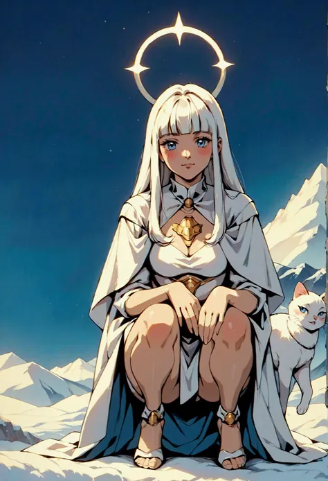 (score_9, score_8_up, score_7_up), zPDXL, 1 girl, alone, looking at viewer, crouching, hands on knees, white cat, mountain background, white hair, blue eyes, full body, long hair, white dress, bright white hair, white halo of light, halo, metallic pendant,...